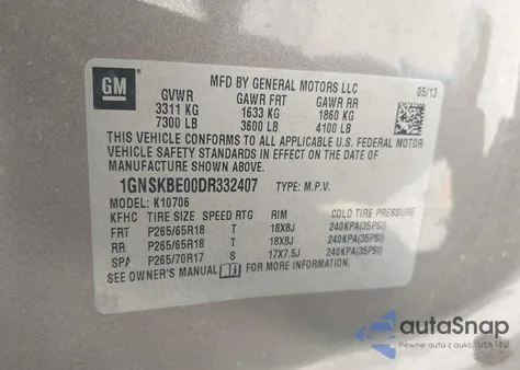 2013 Chevrolet Tahoe Lt from USA, damaged, VIN 1GNSKBE00DR332407